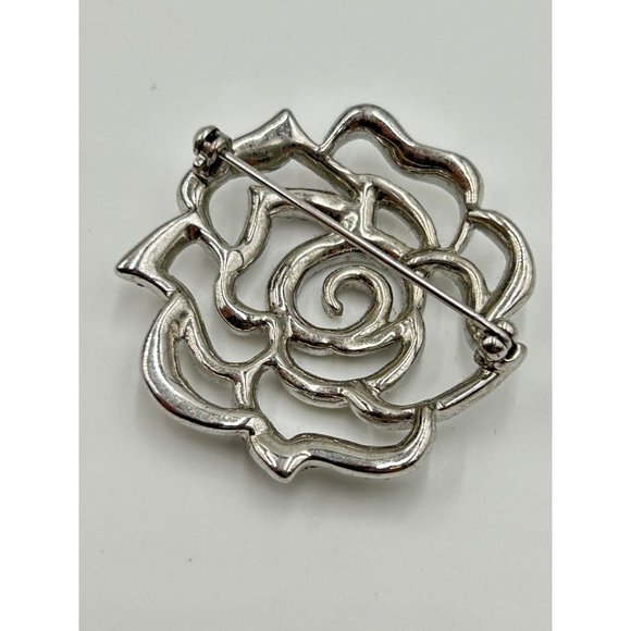Vintage Rhinestone Pave Rose Flower Pin Brooch Silver Tone Metal Openwork Design - Picture 6 of 7